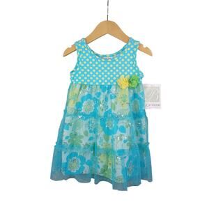 Bonnie Jean Girls Polka Dot Floral Tiered Dress 2T Blue Sundress Sleeveless NWT